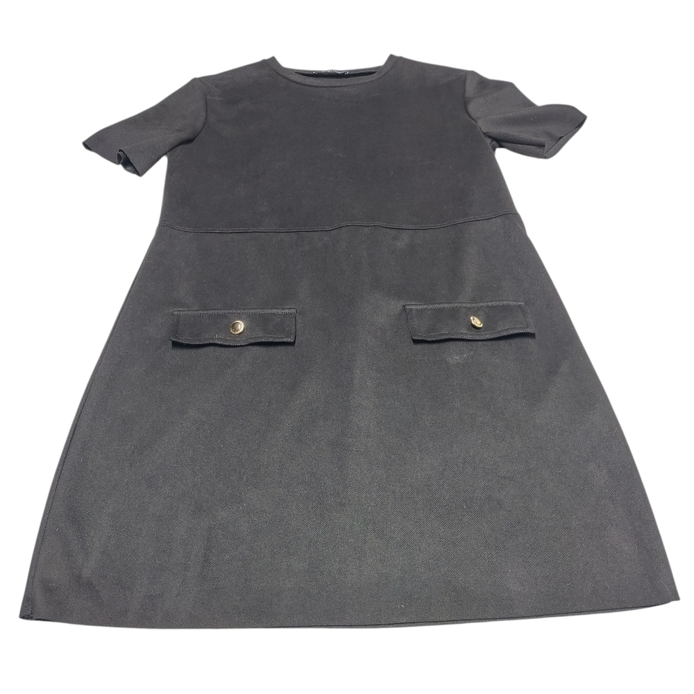 Zara Women’s Black Faux Suede Shift Mini Dress Gold Button Detail Size Small - Picture 6 of 8